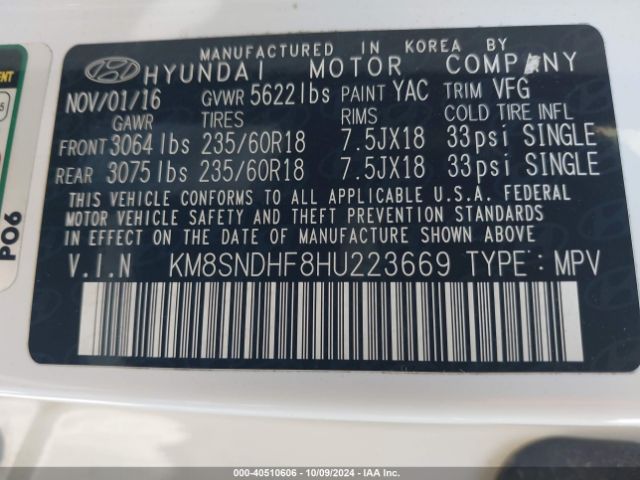KM8SNDHF8HU223669 Hyundai Santa Fe Se