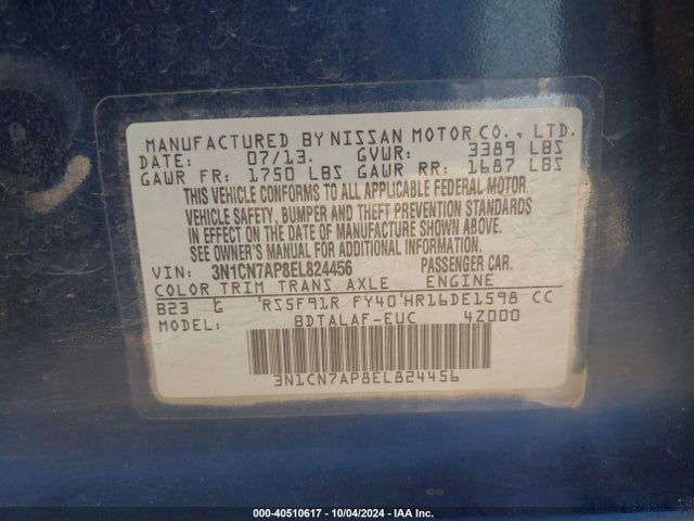 Nissan Versa 1.6 S 2014 3N1CN7AP8EL824456 Image 9