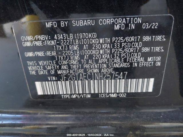 JF2GTAEC1NH257547 Subaru Crosstrek Premium