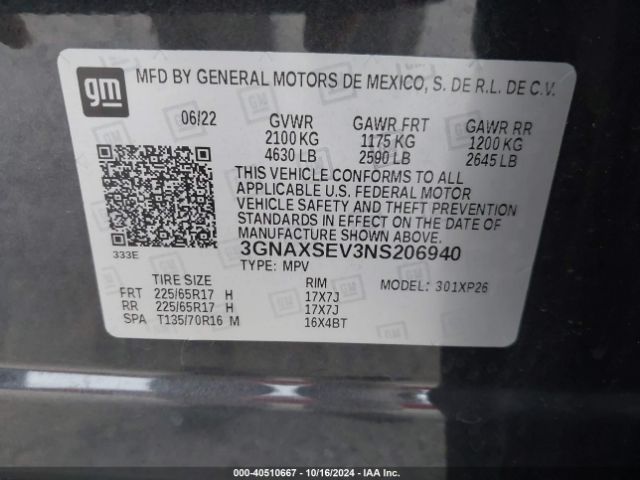 3GNAXSEV3NS206940 Chevrolet Equinox Awd Ls