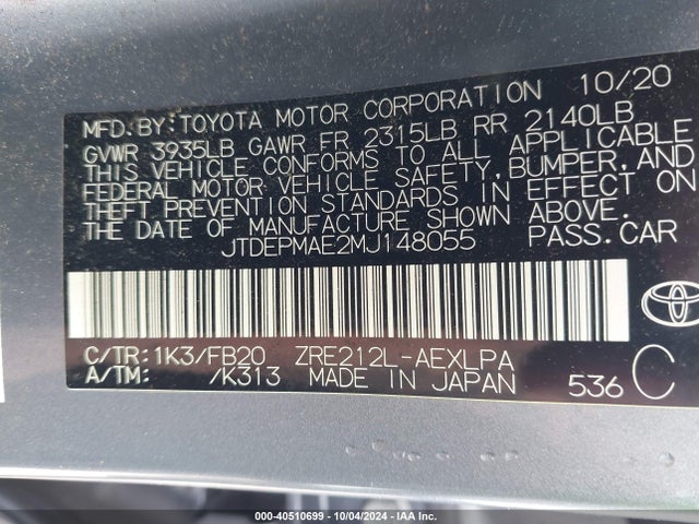 Toyota COROLLA LE 2021 JTDEPMAE2MJ148055 Image 9