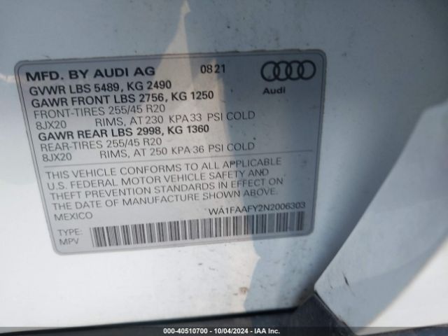 WA1FAAFY2N2006303 Audi Q5 Prestige 45 Tfsi S Line Quattro S Tronic