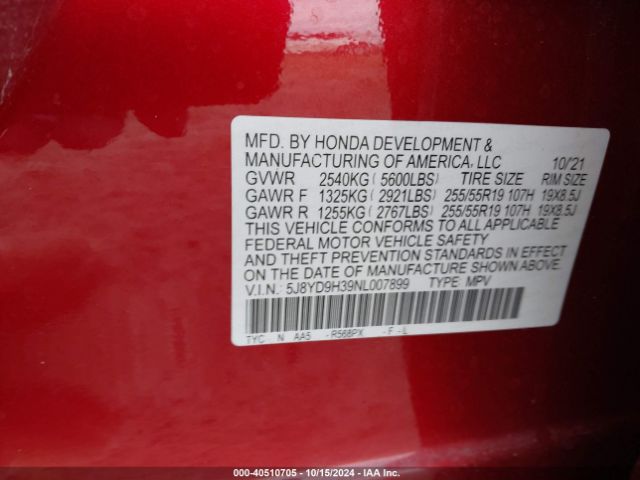 5J8YD9H39NL007899 Acura Mdx Standard