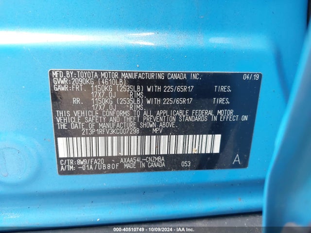 Toyota Rav4 Xle 2019 2T3P1RFV3KC007298 Image 9