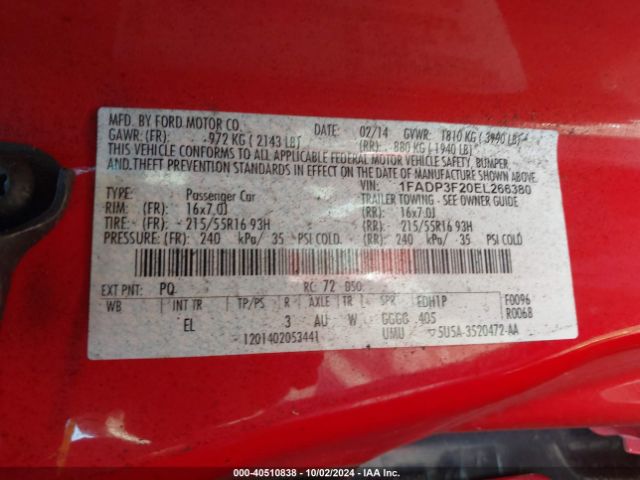 1FADP3F20EL266380 Ford FOCUS SE