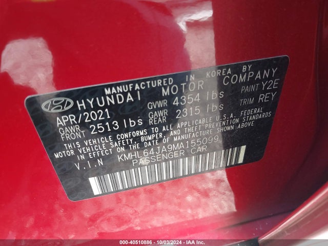 Hyundai SONATA SEL 2021 KMHL64JA9MA155099 Image 9