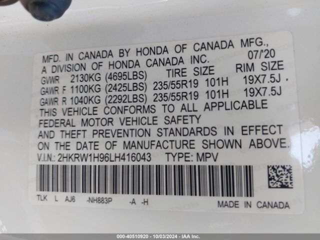 2HKRW1H96LH416043 Honda Cr-v 2wd Touring
