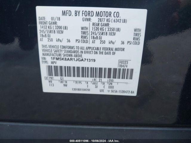 1FM5K8AR1JGA71319 Ford Police Interceptor Utility