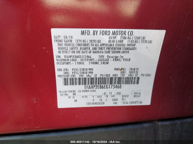 Ford TAURUS SEL 2014 1FAHP2E86EG173468 Image 9