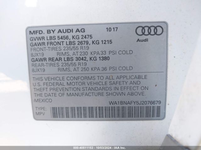 WA1BNAFY5J2076679 Audi Q5 2.0t Premium/2.0t Tech Premium
