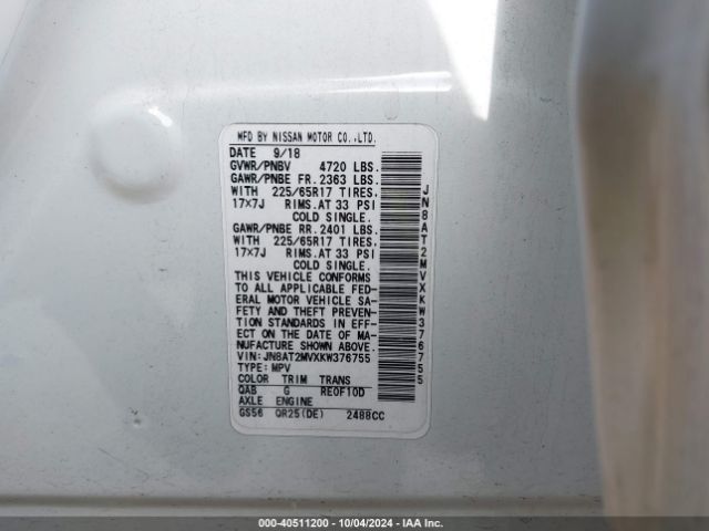 JN8AT2MVXKW376755 Nissan ROGUE SV