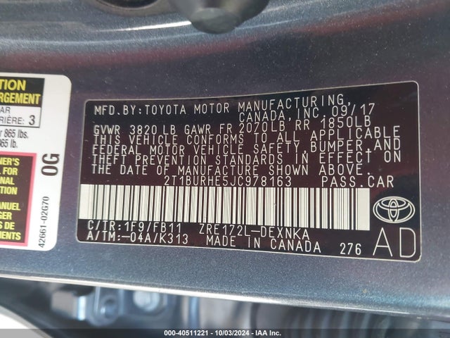 Toyota COROLLA LE 2018 2T1BURHE5JC978163 Image 9