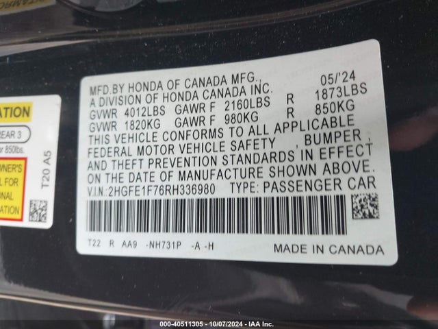 Honda CIVIC EX 2024 2HGFE1F76RH336980 Image 9