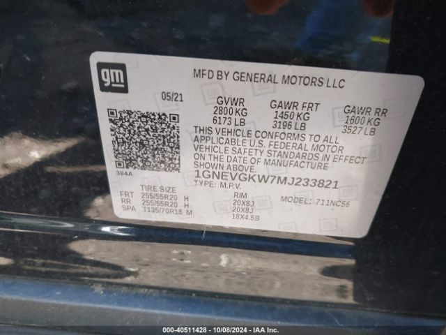 1GNEVGKW7MJ233821 Chevrolet Traverse Awd Lt Cloth