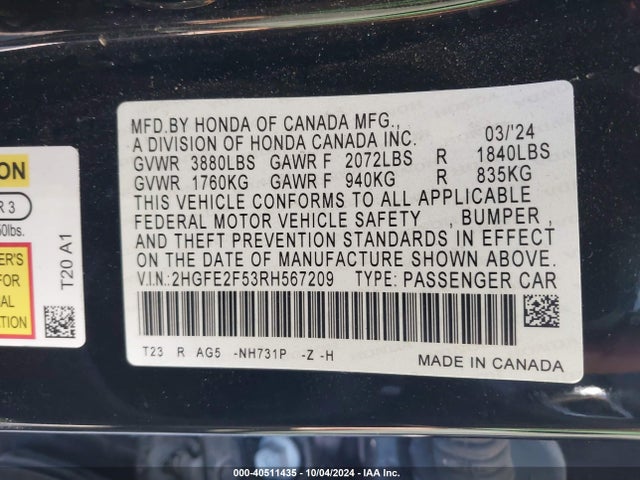 Honda Civic Sport 2024 2HGFE2F53RH567209 Image 9