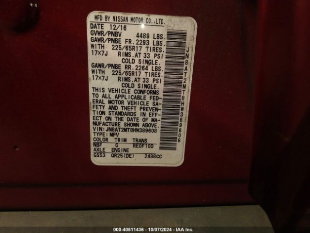 JN8AT2MT8HW389608 Nissan ROGUE SV