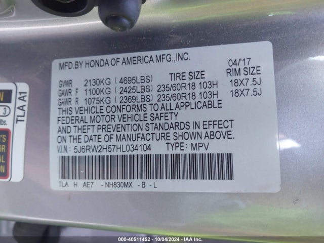 Honda CR-V EX 2017 5J6RW2H57HL034104 Image 9