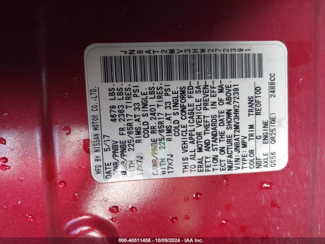 Nissan ROGUE SV 2017 JN8AT2MV3HW272391 Image 9