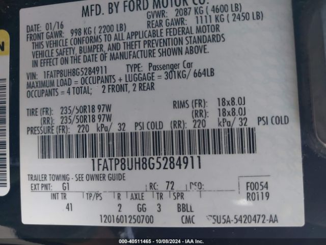 1FATP8UH8G5284911 Ford Mustang Ecoboost Premium