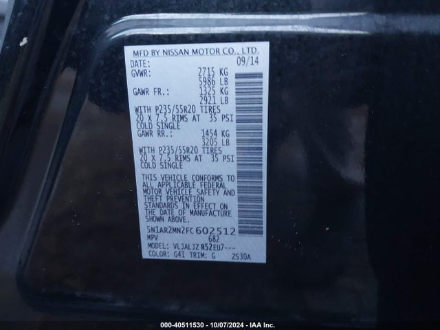 Nissan Pathfinder Platinum 2015 5N1AR2MN2FC602512 Image 9