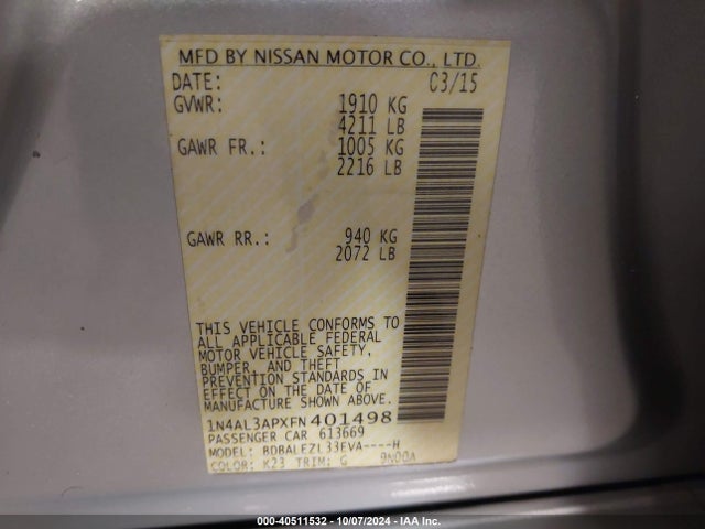 Nissan Altima 2.5 S 2015 1N4AL3APXFN401498 Image 9