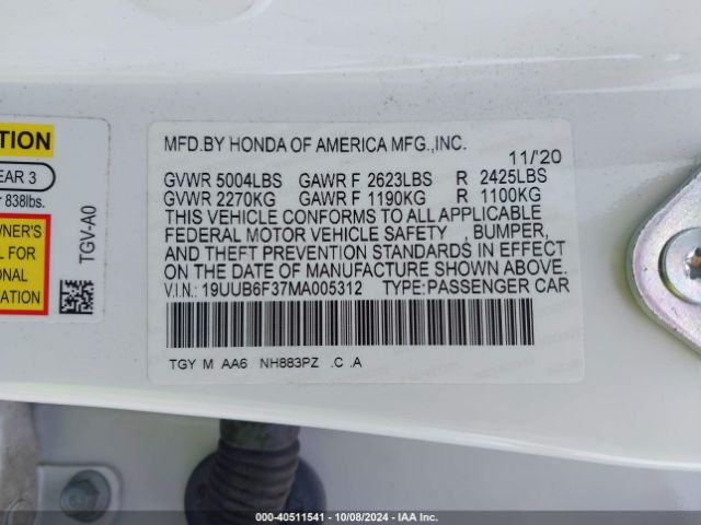 19UUB6F37MA005312 Acura Tlx Standard