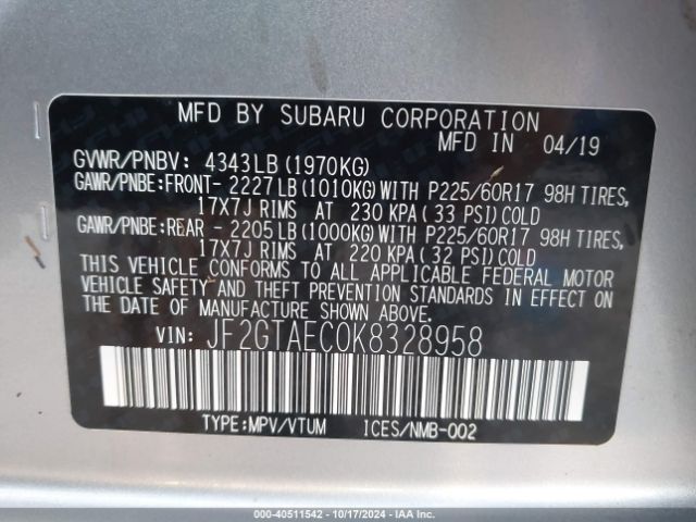 JF2GTAEC0K8328958 Subaru Crosstrek 2.0i Premium
