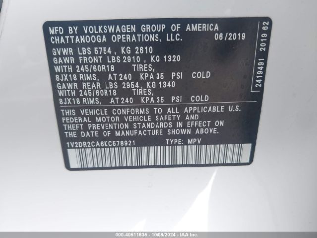 1V2DR2CA6KC578921 Volkswagen Atlas 3.6l V6 Se