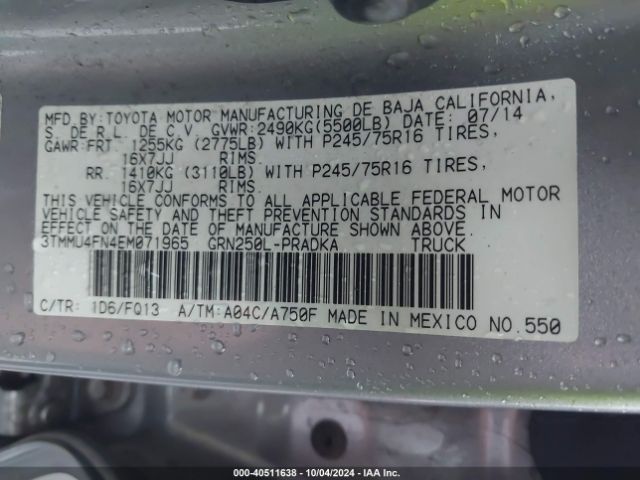 3TMMU4FN4EM071965 Toyota Tacoma Base V6