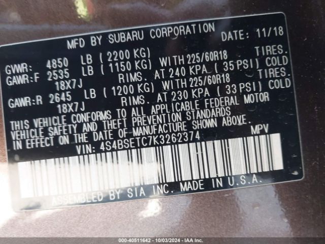 4S4BSETC7K3262374 Subaru Outback 3.6r Touring