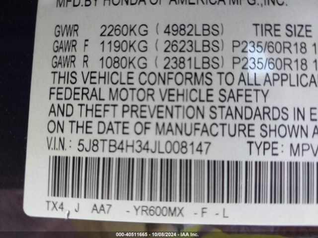5J8TB4H34JL008147 Acura Rdx Acurawatch Plus Package