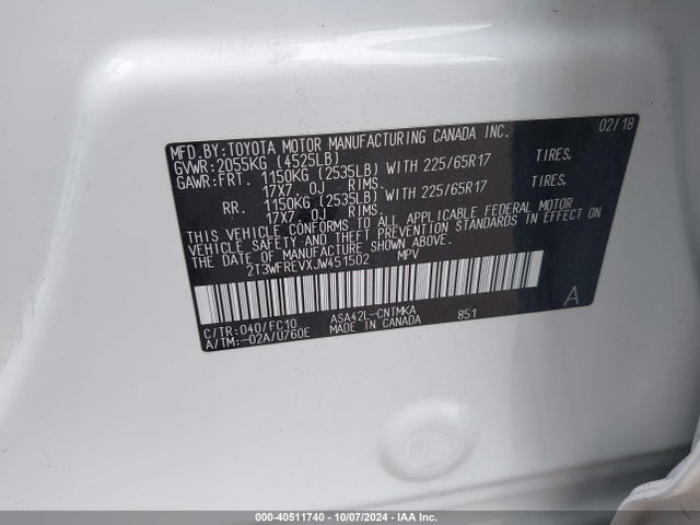Toyota Rav4 Xle 2018 2T3WFREVXJW451502 Image 9