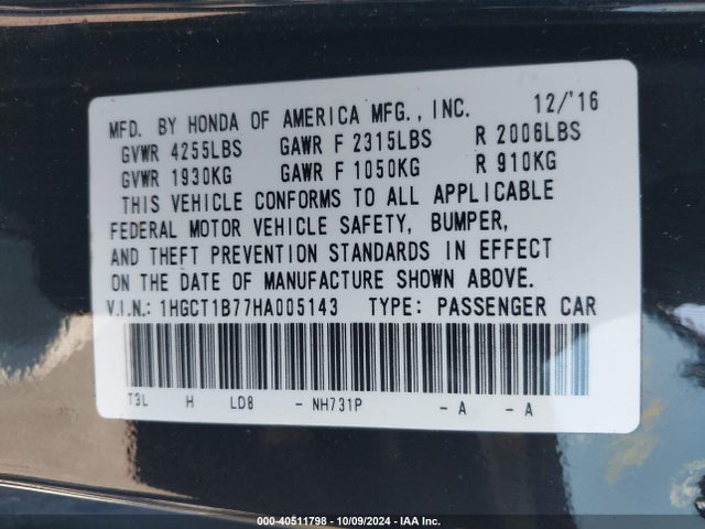 Honda ACCORD EX 2017 1HGCT1B77HA005143 Image 9