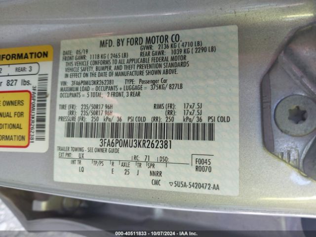 3FA6P0MU3KR262381 Ford Fusion Hybrid Sel