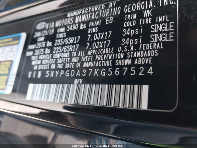5XYPGDA37KG567524 KIA Sorento 2.4l Lx