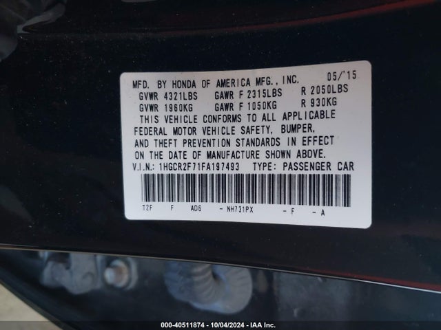 Honda ACCORD EX 2015 1HGCR2F71FA197493 Image 9