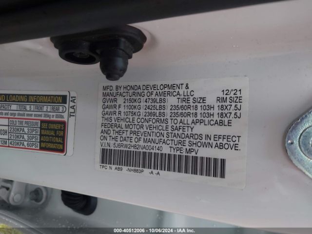 5J6RW2H82NA004140 Honda Cr-v Awd Ex-l