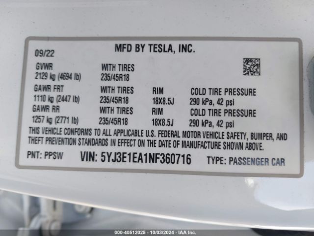 5YJ3E1EA1NF360716 Tesla Model 3 Rear-wheel Drive
