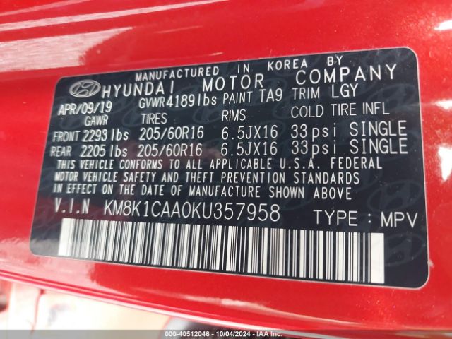 KM8K1CAA0KU357958 Hyundai Kona Se