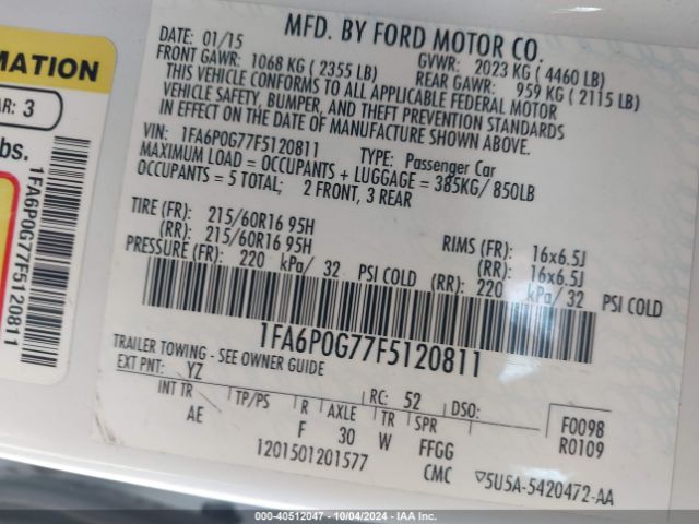 1FA6P0G77F5120811 Ford FUSION S