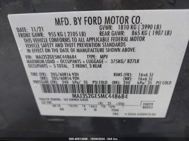 MAJ3S2GE5MC448684 Ford Ecosport Se
