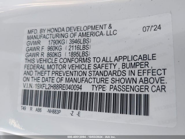 Honda Civic Sport 2024 19XFL2H88RE040094 Image 9