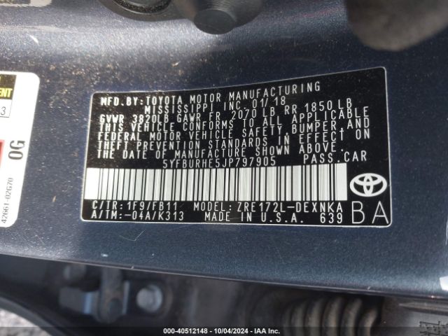 5YFBURHE5JP797905 Toyota COROLLA LE