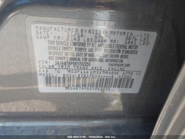 Nissan SENTRA S 2019 3N1AB7AP6KY262250 Image 9