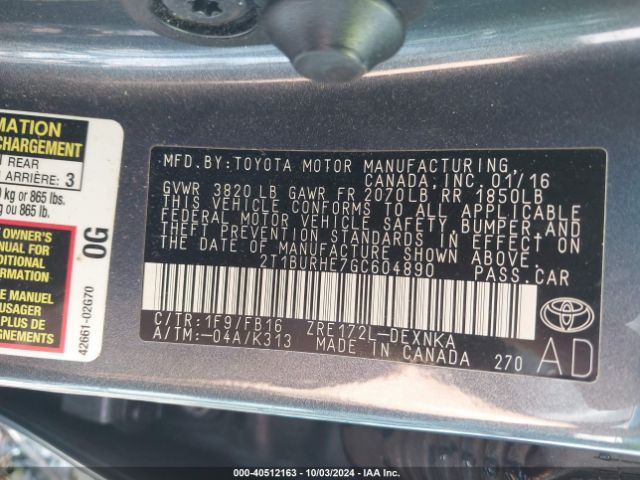 2T1BURHE7GC604890 Toyota COROLLA LE