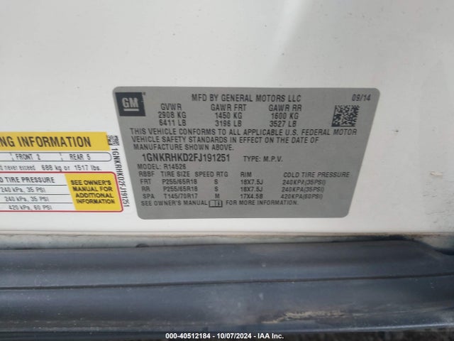 Chevrolet Traverse 2lt 2015 1GNKRHKD2FJ191251 Image 9