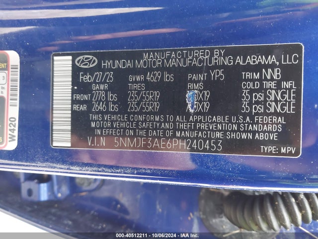 5NMJF3AE6PH240453 Hyundai TUCSON SEL