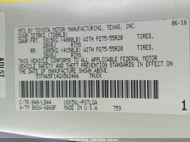 5TFHW5F14GX562466 Toyota Tundra Limited 5.7l V8