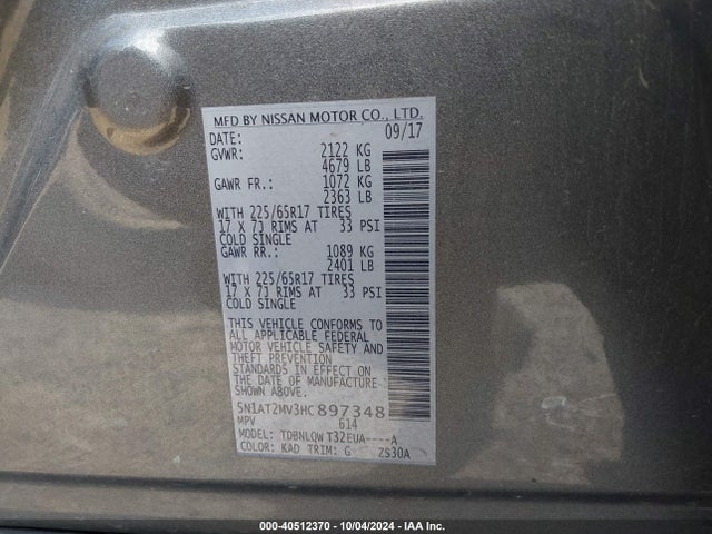 5N1AT2MV3HC897348 Nissan ROGUE SV