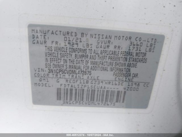 3N1CP5CV0ML472675 Nissan Kicks Sv Xtronic Cvt